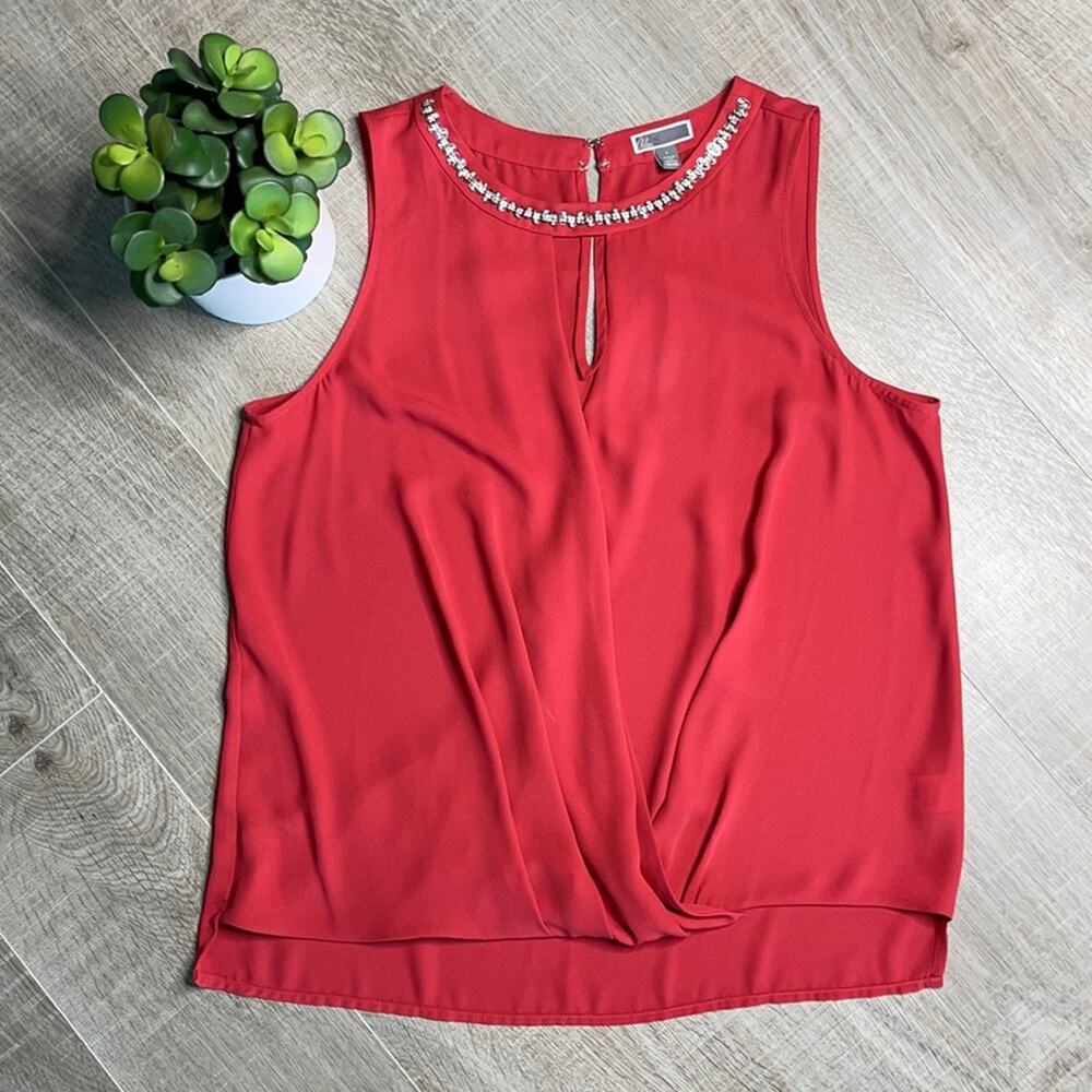 CHELSEA 28 Women's Red Sleeveless Keyhole Jewel Blouse